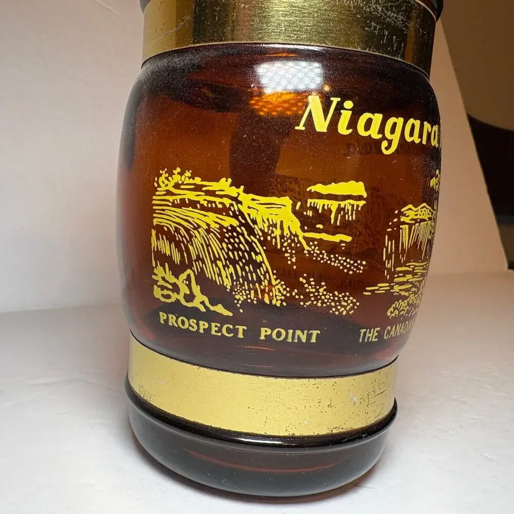 Vintage Niagara Falls Canada Souvenir Brown Glass Barrel Mug Wood Handle